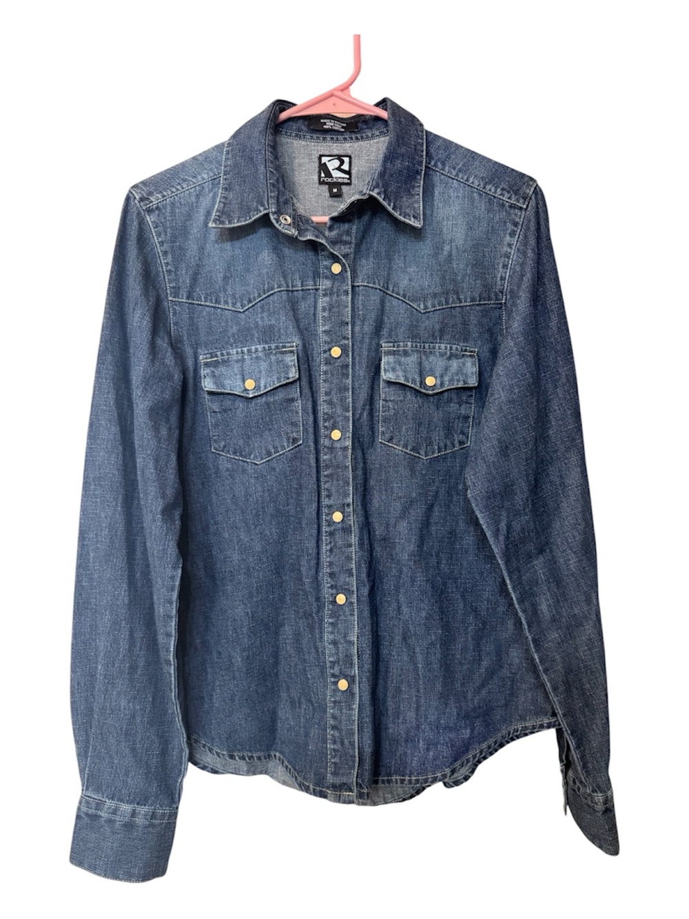 Vintage Rockies Denim Western Pearl Snap Shirt Blue Dark Wash Medium